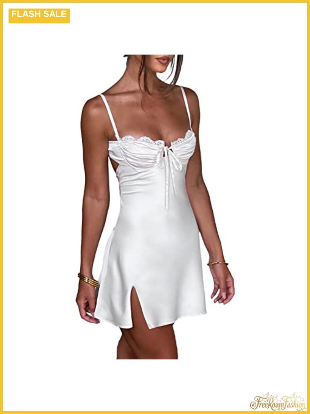 Lace Satin Mini Slip Dress Y2k Spaghetti Strap Split PartyClub